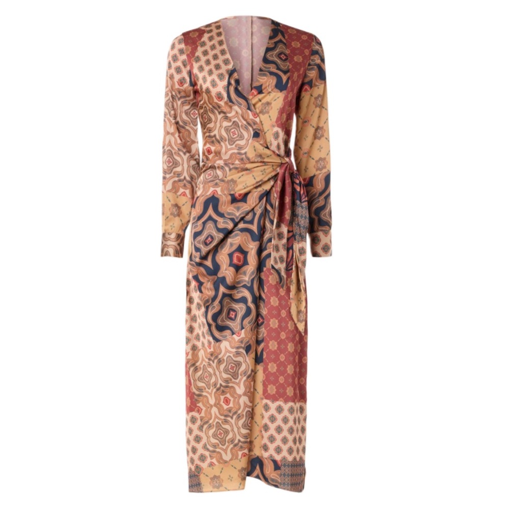 MISA Los Angeles Multicolor Elixa Satin Patchwork Wrap Midi Dress Size Small